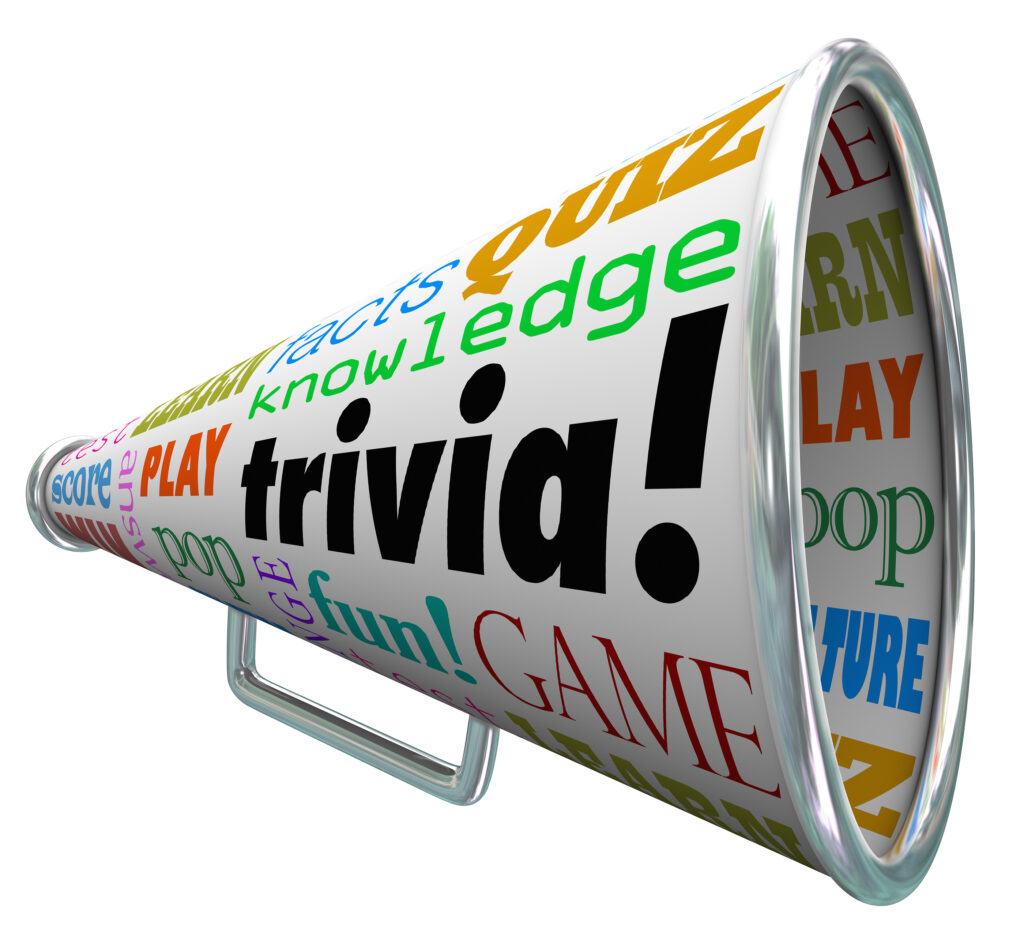 Trivia words on a bullhorn or megaphone to quiz or test your knowledge on pop culture